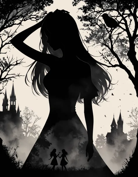 a pitch black setting with a silhouette of a beautiful long haired woman , magical, silhouette, black and white, tree silhouette...