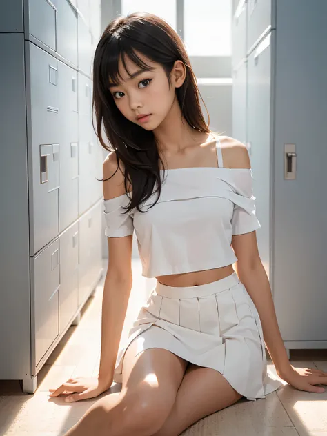 (superflat, flat shading, flat colors:1.1), (locker room), asian girls, young teen, (school uniform) , slim, small breast, dark hair, ((looking over a shoulder:1.4)), white panties, (mini skirt:1.1), (low angle:1.3). minimal detailing, limited vibrant colo...