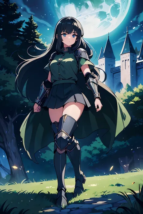 (((masterpiece))), (((best quality))), ((ultra-detailed)), (cinematic lighting), (illustration), (beautiful detailed eyes), (1girl), full body, space, knight, armour, light hair, walking, castle in background, best quality, expressive eyes, perfect face, G...