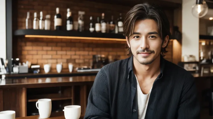 musician、A refreshing, handsome man in his 40s、（Super cool S-class boys）、Japanese male, 40 years old、、Photographed inside the cafe、a handsome guy、（CG Unity 8K high resolution photo）、（Very detailedＳクラスのa handsome guy性）、（Photorealistic）、（highest quality））、Ve...