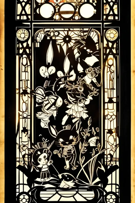 chibi, best quality, paper puppet theater, black paper shadow puppets, rabbit, cat, girl, background stained glass, steampunk, d...