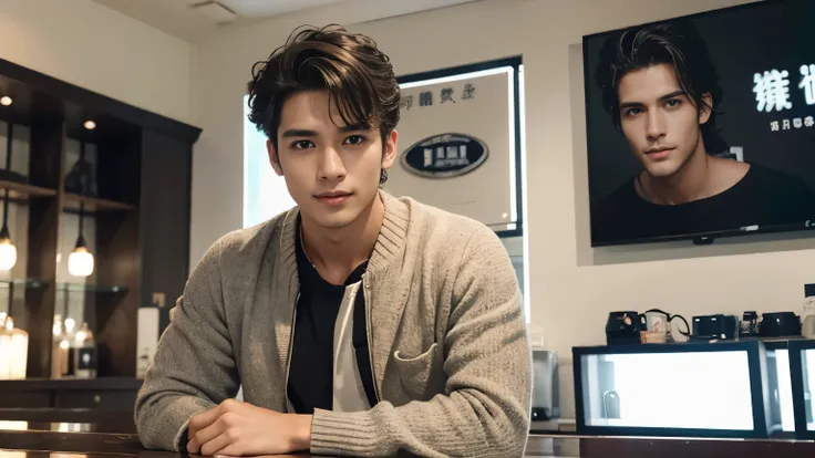 musician、A refreshing, handsome man in his 20s、（Super cool S-class boys）、Japan male, 20 years old、、Photographed inside the cafe、a handsome guy、（CG Unity 8K high resolution photo）、（Very detailedＳクラスのa handsome guy性）、（Photorealistic）、（highest quality））、Very ...