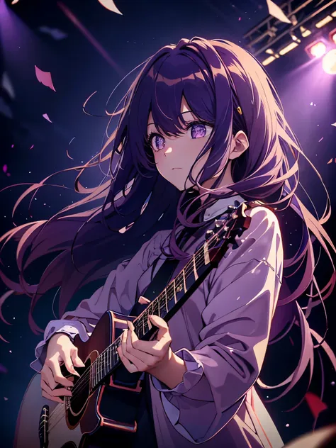 look up, purple hair, purple eyes, shining eyes, long hair blowing in the wind, perfect composition, 8k、playing guitar、live、conc...