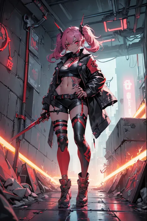 one girl, rebecca \(cyber punk\), (((full body:1.5),dynamic angle,he holds a weapon in his right hand, raised it to his shoulder...