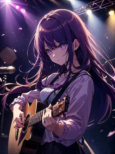 look up, purple hair, purple eyes, shining eyes, long hair blowing in the wind, perfect composition, 8k、playing guitar、live、conc...