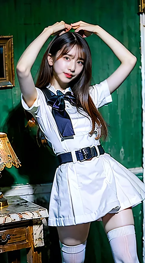(best quality,8k,RAW,highres,masterpiece:1.2),(realistic,photorealistic:1.37),1girl,((maid uniform、sexy maid clothes,mini skirt、white socks, over-the-knee socks、loafers、Are standing、Bedroom)) ,from below ,smiling and facing towards the viewer,open mouse,op...