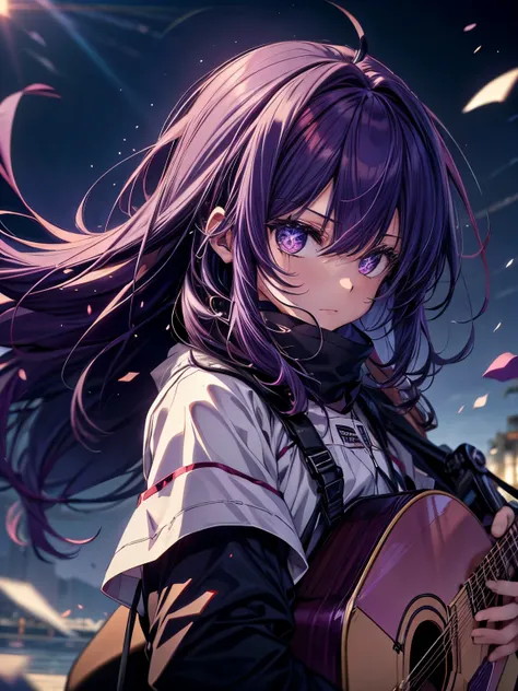 look up, Purple Hair, Purple eyes, Shining Eyes, Sniper rifle, Long hair blowing in the wind, Perfect composition, 8k、Playing guitar、live、