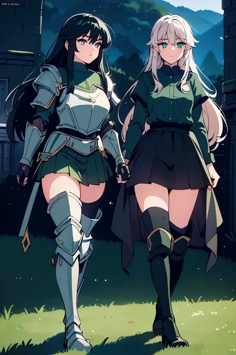 (((masterpiece))), (((best quality))), ((ultra-detailed)), (cinematic lighting), (illustration), (beautiful detailed eyes), (1girl), full body, space, knight, armour, light hair, walking, castle in background, best quality, expressive eyes, perfect face, G...