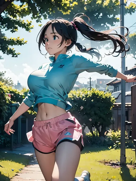 (masterpiece、highest quality、highest quality、Official Art、Beautiful and beautiful:1.2)、(One girl:1.3)Hatsune Miku、Twin tails,Big Breasts,1 girl, alone, running, Grey Track Top, Pink shorts, ponytail, Athletic build, Dynamic brushwork, Fluid movement, Captu...