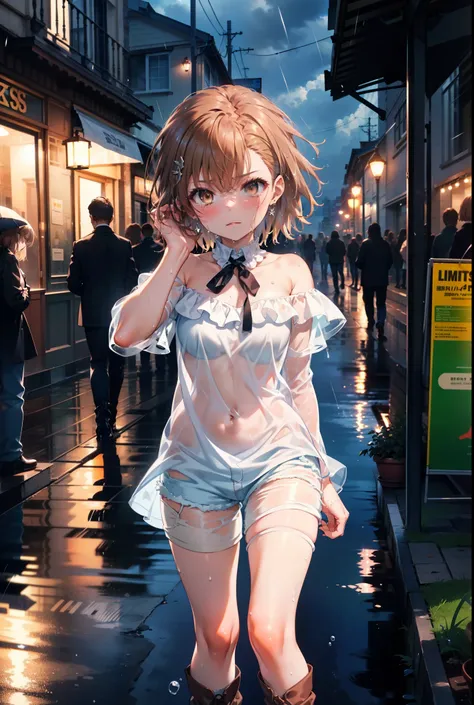 8k,highest quality,masterpiece,(((Pixel Perfect, Perfect in every detail))), alone, 1 girl, ,Mycotrose, Brown eyes,Brown Hair,short hair,Looking at the audience,Off-the-shoulder dress,Bare neck,Bare shoulders,Bare neck,Shorts,Black knee socks,short boots, ...