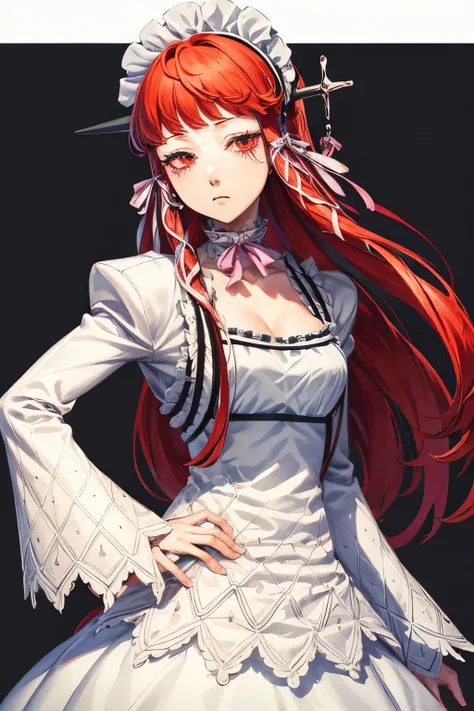 chidori yosiko、maid costume、expressionless、bad look in the eyes、has an axe