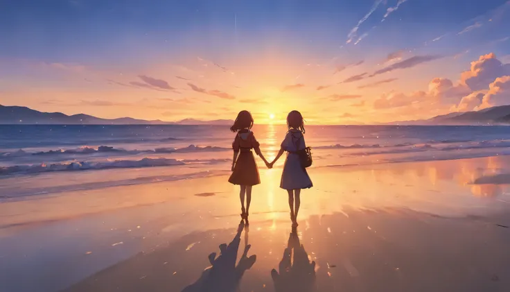 ((Couple watching the sunset on the quiet sand of a shallow oceanside beach、Get close、Couple holding hands and watching the sunset、Sunset seen from between the shadows of two people、Big sun setting on the horizon、The sunset paints the entire sky red、The ar...