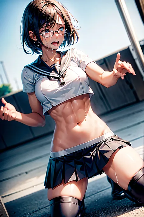 (1 female),(solo),(front),(kneeling),(spread legs),(Crying:1.9),BREAK,black short hair,(huge breasts),(beautiful abs:0.9),(muscular legs),(very slim body),BREAK,black glasses,BREAK,(short sleeved white sailor suit),(crop top:1.5),BREAK,(very short gray ple...