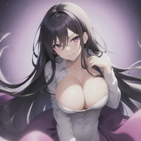 One sexy woman, Eyebrows visible through hair, Black Hair, hair ornaments, Hair Clip, Long Hair, View your viewers, Purple eyes, smile, alone, ((Dress shirt that shows cleavage)), Big Breasts , ((anime)) , Icon Style , Upper Body , Simple Background