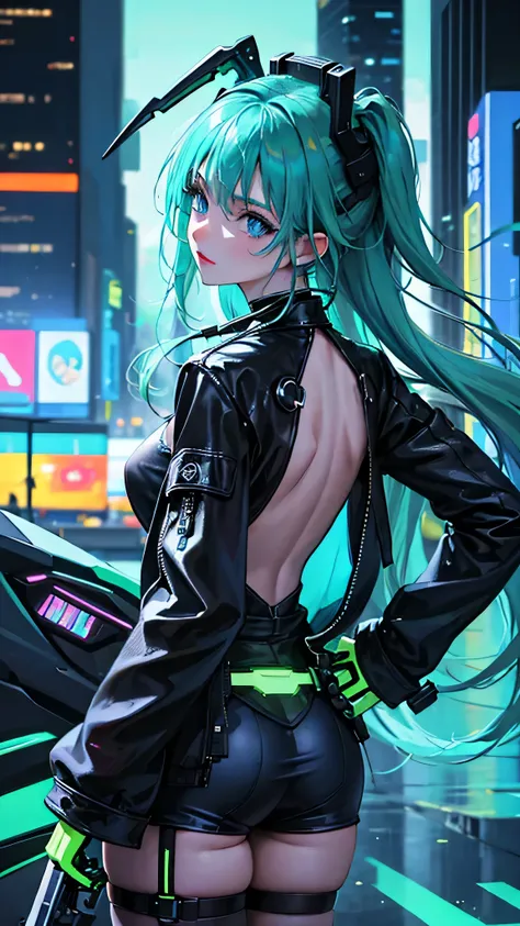 girl, Gazing at the Night City,Set with green neon lights, Lovely, sorrow, Cyberpunk, T-back, blue eyes, fashionable, Moe,