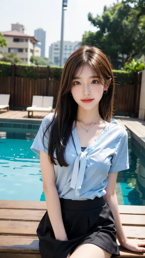 korean ,  shirt, ribbon, skirt, Light Brown Hair, School poolside, Poolside bench, 8k RAW photo, High resolution, 16 year old cute Korean, Big round breasts, Beautiful eyes in every detail, Long eyelashes, Beautiful double eyelids, Long, narrow eyes, Long,...