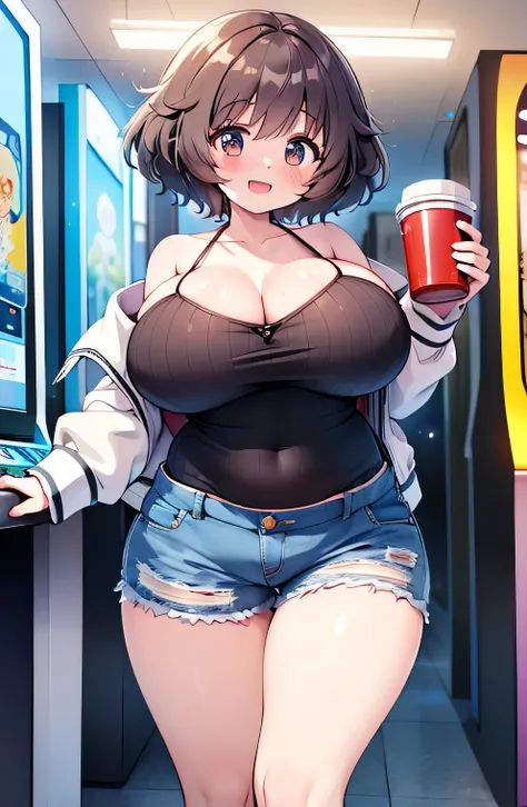 Anime illustration、highest quality、Short high school girl、Tube top、hot pants、Arcade、Perfect proportions、overwhelmingly big breasts、Thick legs、Beautiful, shining eyes、Blushed、smile、Cowboy Shot