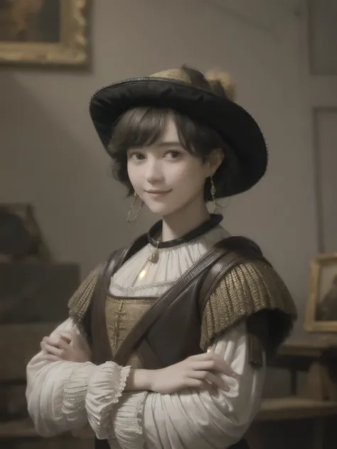 221 Short Hair, 20-year-old woman, A kind smile, (Luxurious stables), (Rembrandt-style painting), (Focus on the face, Written boundary depth)