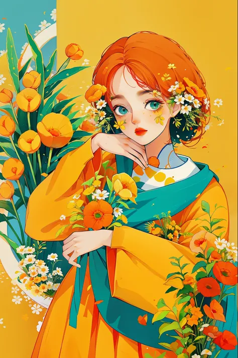 yxycolor,melhor qualidade, obra de arte, extremamente detalhado, fundo detalhado, flor, Sozinho, peixe, beta, yellow flor, orange flor, corar, green fita, babados, franja, white flor, Litter, jardim,fish