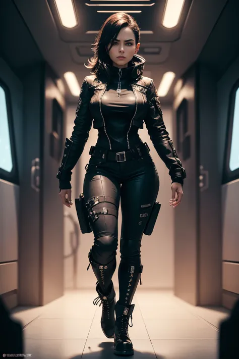 Space pirate leader, a female in her 30s, stands confidently in the black cabin of her sleek spaceship. The cinematic scene is rendered in medium shot using Octane, with her leather jackets and cargo pants contrasting against the black backdrop. Her boots ...