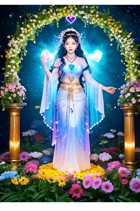 Goddess with a heart、Wear an aura、Look forward、Has an aura、Surrounded by flowers