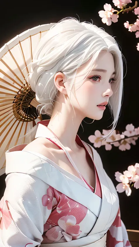 ((hairstyled white hair:1.5))(japan kimono with cherry blossom pattern:1.3), symmetric, (highest quality, photorealistic:1.4, ra...