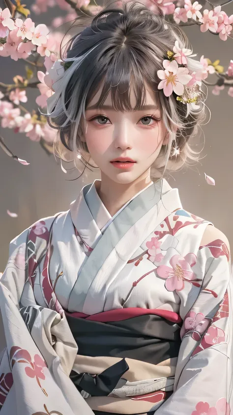 ((Hairstyled white hair:1.5))(Japan kimono with cherry blossom pattern:1.3), Symmetric, (highest quality, Photorealistic:1.4, Raw photo:1.2, Cinematic light, Highly detailed illustration), (1woman:1.3, alone), (Asian Girl, Very delicate face, Super beautif...