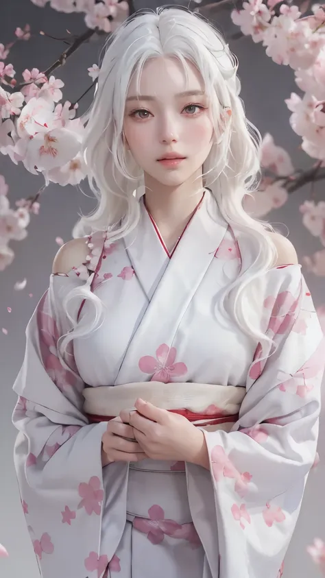 ((Hairstyled white hair:1.5))(Japan kimono with cherry blossom pattern:1.3), Symmetric, (highest quality, Photorealistic:1.4, Raw photo:1.2, Cinematic light, Highly detailed illustration), (1woman:1.3, alone), (Asian Girl, Very delicate face, Super beautif...