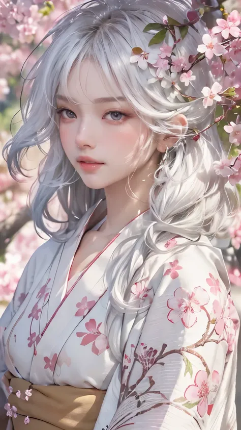 ((hairstyled white hair:1.5))(japan kimono with cherry blossom pattern:1.3), symmetric, (highest quality, photorealistic:1.4, ra...