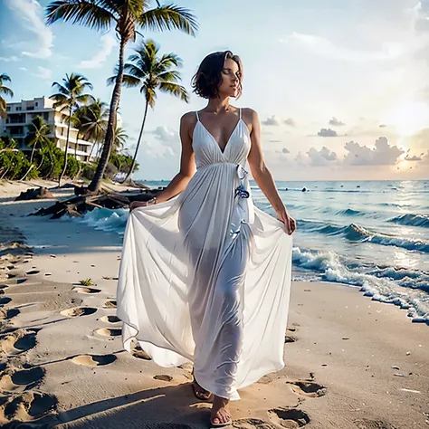 Lady 50 years old with short hair, in a white dress walking on the beach with palm trees at sunset, wearing a white flowing dress, flowing dress, flowing white dress, flowing dress, beautiful long white dress, wearing a flowing dress, wearing a summer dres...