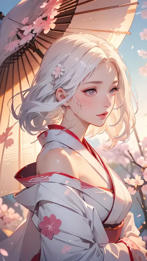 ((hairstyled white hair:1.5))(japan kimono with cherry blossom pattern:1.3), symmetric, (highest quality, photorealistic:1.4, ra...