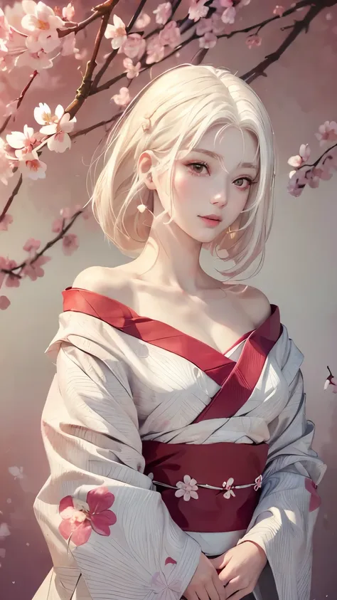 ((Hairstyled white hair:1.5))(Japan kimono with cherry blossom pattern:1.3), Symmetric, (highest quality, Photorealistic:1.4, Raw photo:1.2, Cinematic light, Highly detailed illustration), (1woman:1.3, alone), (Asian Girl, Very delicate face, Super beautif...