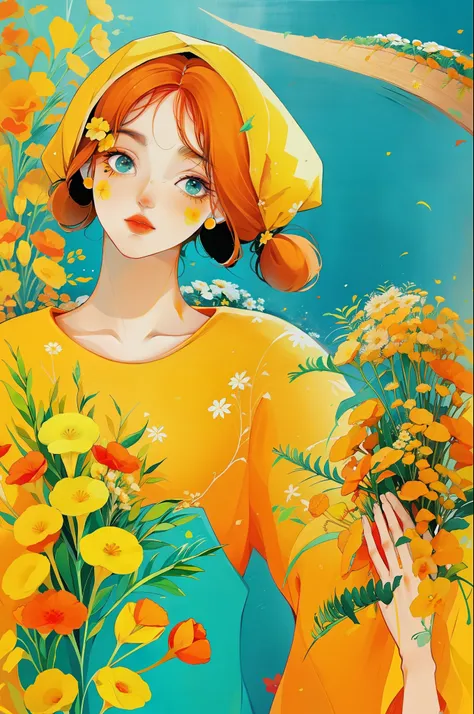 yxycolor,melhor qualidade, obra de arte, extremamente detalhado, fundo detalhado, flor, Sozinho, peixe, beta, yellow flor, orange flor, corar, green fita, babados, franja, white flor, Litter, jardim,fish