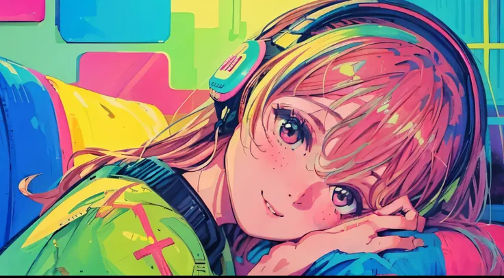 highest quality, 4k wallpaper, masterpiece, Very detailed CG ユニティ 8k 壁紙, Very fine grain, Very detailed, Intricate details, Close-up of one happy girl in the center, Retro art style, neon_Pop Art Style, indoor,Relax on the sofa,headphone，cushion