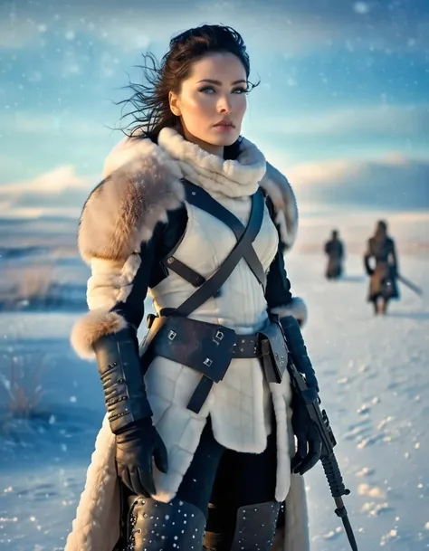 wasteland, female warrior sci-fi future fantasy，movie stills，siberia，vast wasteland，snow everywhere，cold night，sci-fi art, in st...