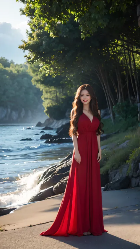 highest quality,masterpiece,Ultra-high resolution,(Actual:1.4),Original photo,Ultra-high resolution，8k，There are women，Fair skin，Exquisite makeup，Big waves of red lips，red super long Dress，red heels，Long legs，Bright and beautiful、Long straight hair_Hair re...