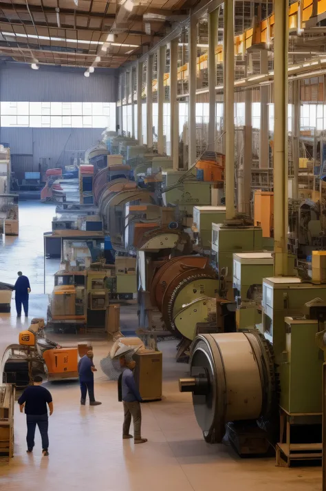 An old factory with big gears turning and workers working.