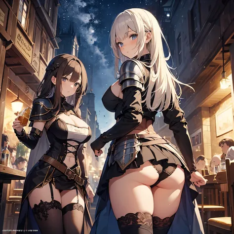 A group of female adventurers set in a medieval fantasy world, (At the pub), Mr.々Hair style, Harem, night, Detailed aspect, Short skirt, Seduce, No sleeve, armor 、showing off panties、Huge Breasts、Big Ass、wide waist width