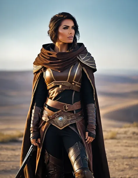 wasteland, female warrior sci-fi future fantasy，cloak，assassin&#39;s alliance costume，old，blood red sun，vast wasteland，snow ever...