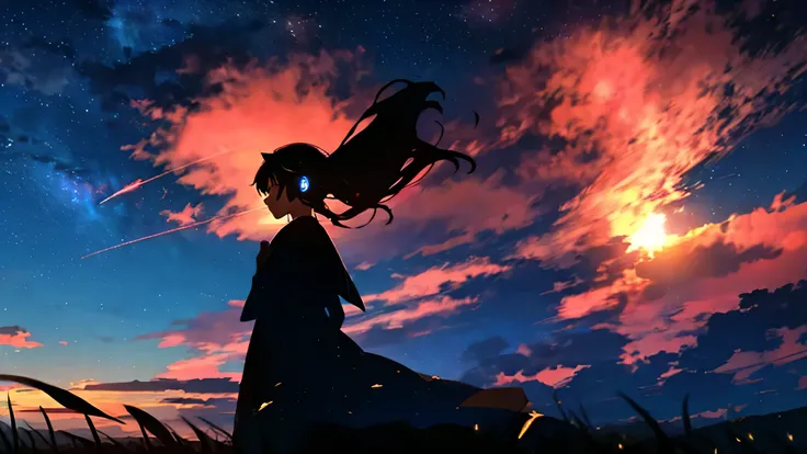 sunset、hill、cloud、Long Hair、woman、silhouette、Back view、Beautiful starry sky、Looking up at the sky、The wind is blowing、Wide sky、Headphones、shooting star