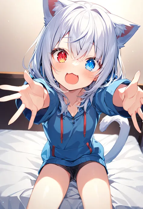 girl,hoodie,On the bed,Excited,Heterochromia Red Eyes Blue Eyes,Small breasts,Cat ear,Feline tail,open arms for viewer