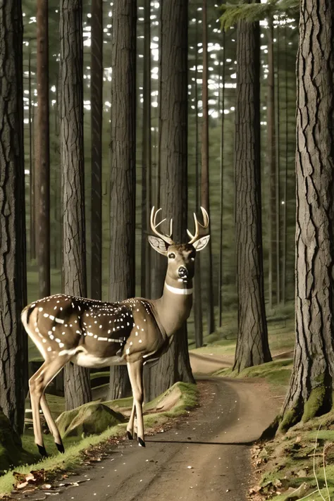 A deer stands in the forest,