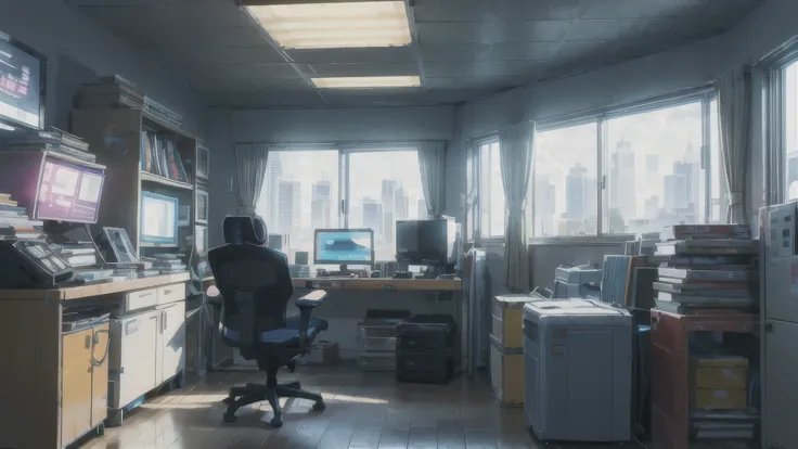 The Wind of Sincerity, anime, after the rain, Moving visual effects, Natural glare.Cyberpunk style cluttered room. more neon. Many machines with unknown uses. Large windows with an open feel. Its sunny outside.　Hatsune Miku is sitting on the chair. 