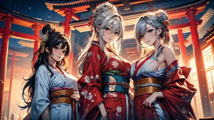 28 years old, Sexy body, Slim body, Silver hair fades to light blue tail, hair covering one eye, /Asymmetrical hair, /half bun hair, /half updo half up half down, /Medium Length Hair, /long wavy hair, blue eyes, break, Japanese clothes, kimono, neat kimono...