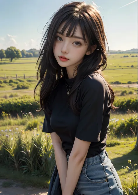 Girl wearing short-sleeved blouse、Cute 1 girl、Cowboy Shot、light brown hair with bangs,,、Big eyes、Small breasts、In the background you can see grassland and blue sky.、Perfect lighting、Sharp focus、High resolution、High resolution、High color reproducibility、Hig...