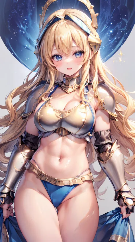 Very detailed、highest quality、Best image quality、masterpiece、8k、Anime Face、A kind smile、Open your mouth、Sparkling blue eyes、(Blonde wavy hair:1.5)、、Muscles of the whole body、camisole、Thigh belt、mini skirt、(Wearing gold bikini armor:1.5)、(Cowboy Shot:1.5)、(...