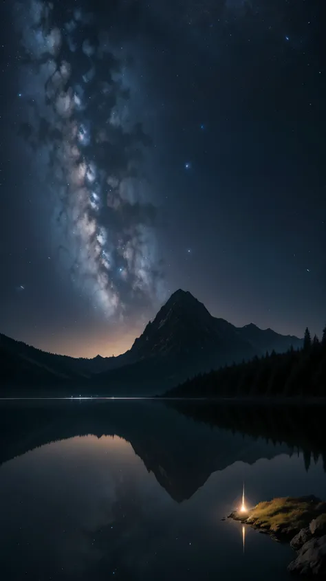 (highest quality,4K,8k,High resolution,masterpiece:1.2),Very detailed,(Realistic,photoRealistic,photo-Realistic:1.37),Mirror portal to another world,Mirror Center,Night Sky,reflection,Dark Clouds,Shining Star,Hazy atmosphere,Distant Mountain々,tree silhouet...