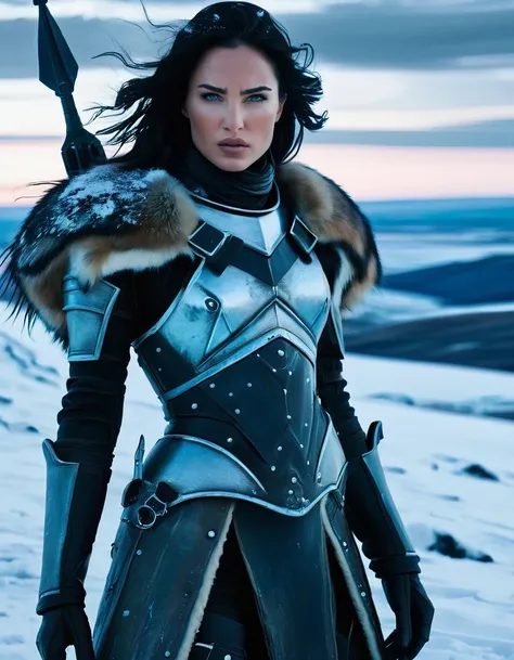 wasteland, female warrior sci-fi future fantasy，movie stills，siberia，vast wasteland，snow everywhere，cold night，sci-fi art, in st...