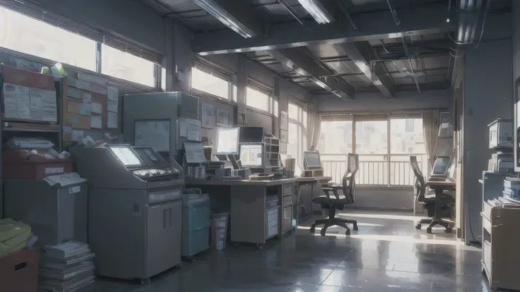 Xin Haichengfeng, anime, after the rain, Moving visual effects, Natural glare.Cyberpunk style cluttered room. more neon. Many machines with unknown uses. Large windows with an open feel. Its sunny outside.　Hatsune Miku is sitting on the chair. 