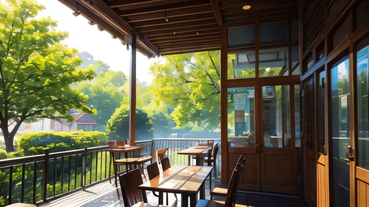 masterpiece、Highest quality、A retro and stylish cafe terrace、Sunlight filtering through the trees、